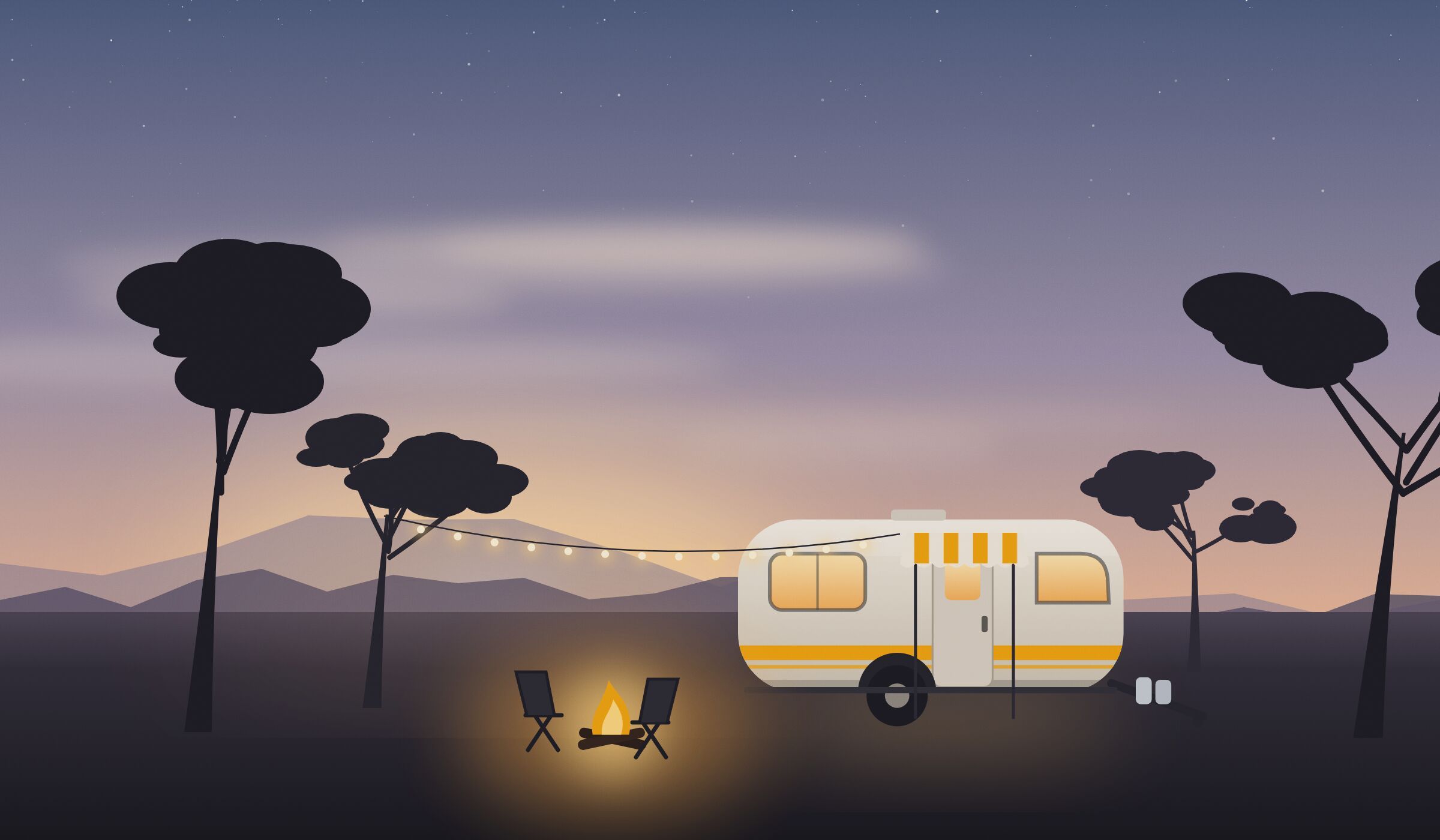 Illustration of a caravan under string lights beside a campfire at dusk